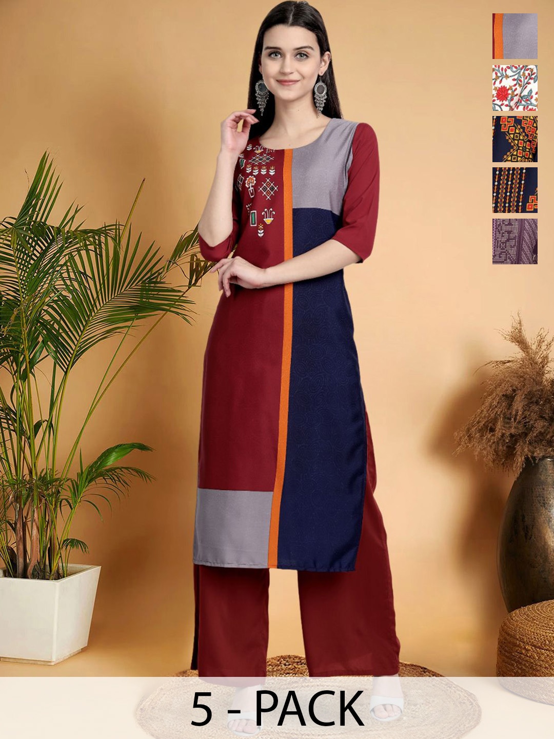 

7Threads Selection Of 5 Geometrical Printed Round Neck Straight Kurtas, Maroon