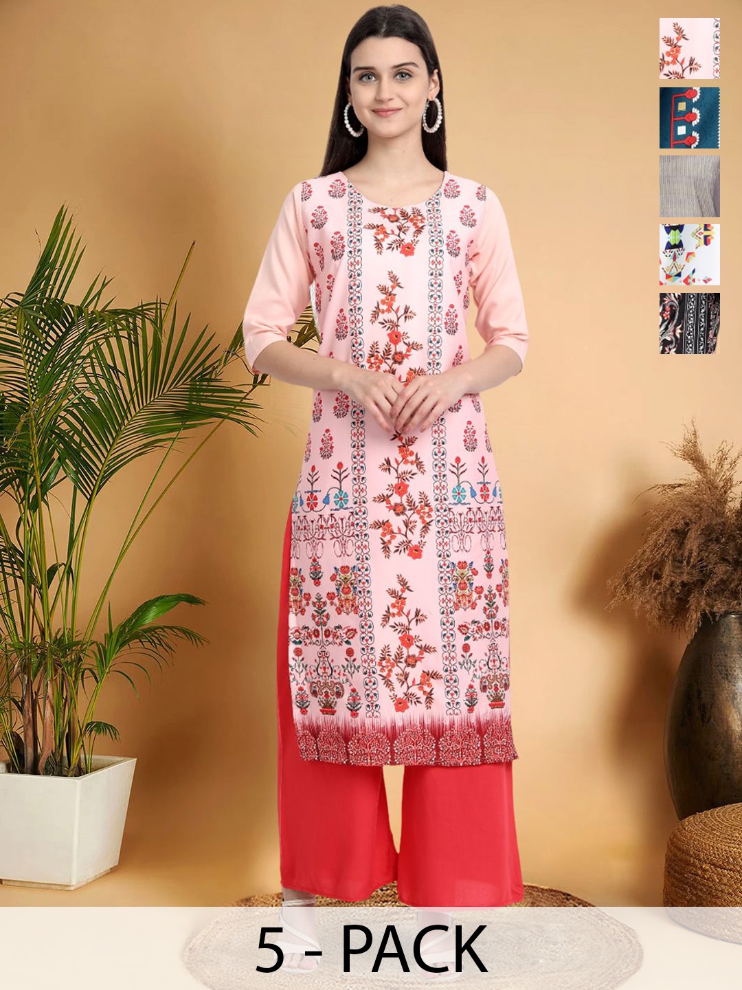 

7Threads Selection Of 5 Ethnic Motifs Printed Round Neck Straight Kurtas, Pink