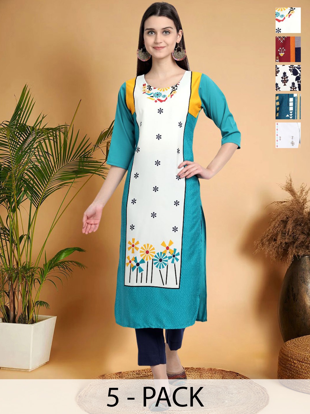

7Threads Selection Of 5 Geometric Printed Round Neck Straight Kurta, White