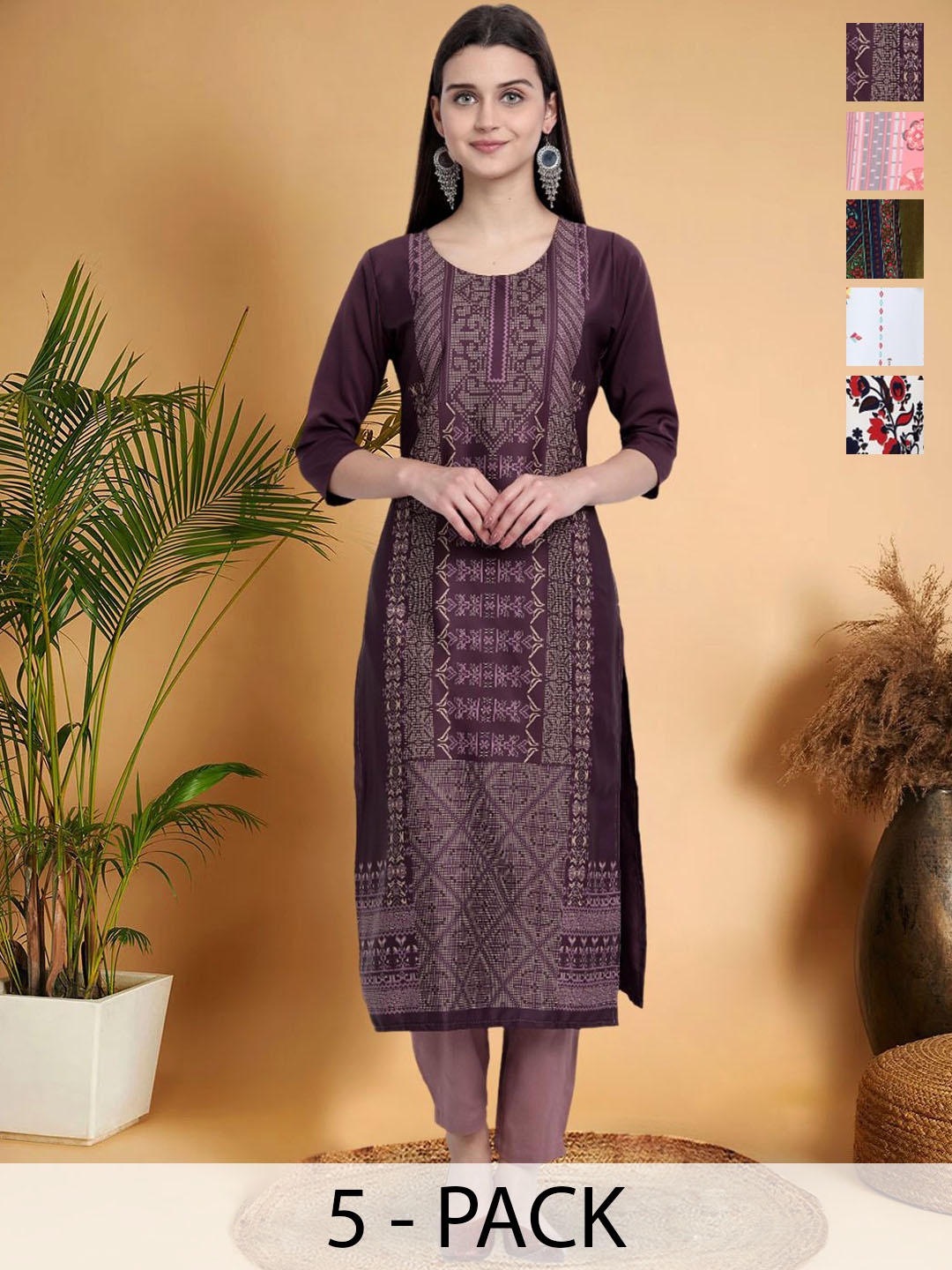 

7Threads Selection Of 5 Ethnic Motifs Printed Round Neck Straight Kurta, Burgundy
