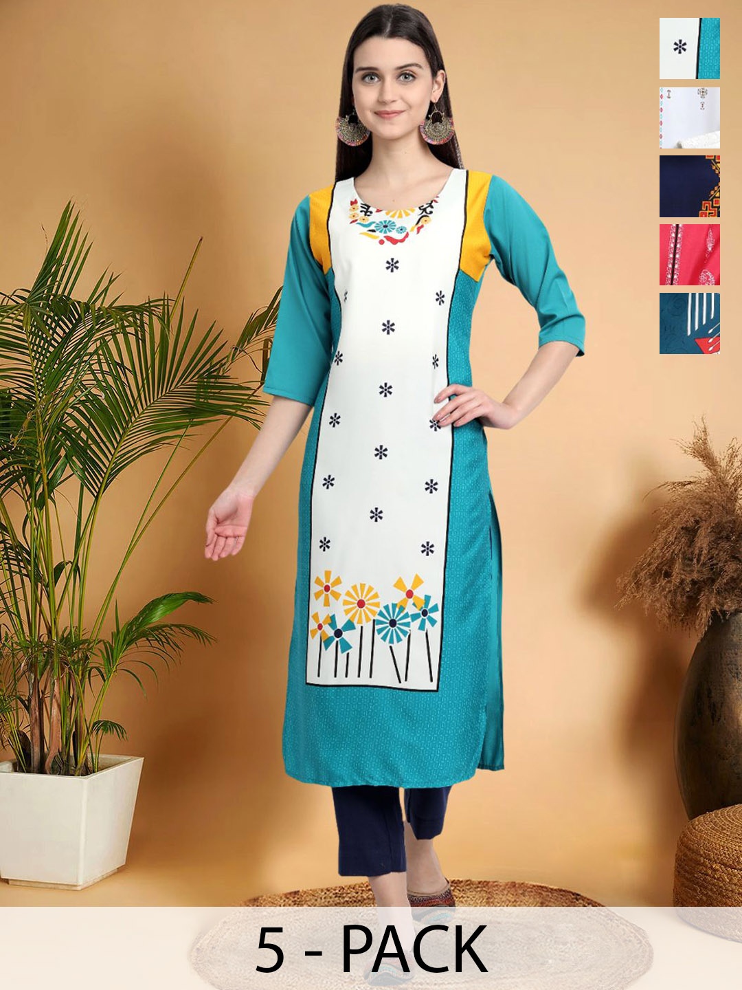 

7Threads Selection Of 5 Floral Printed Round Neck Straight Kurtas, Teal