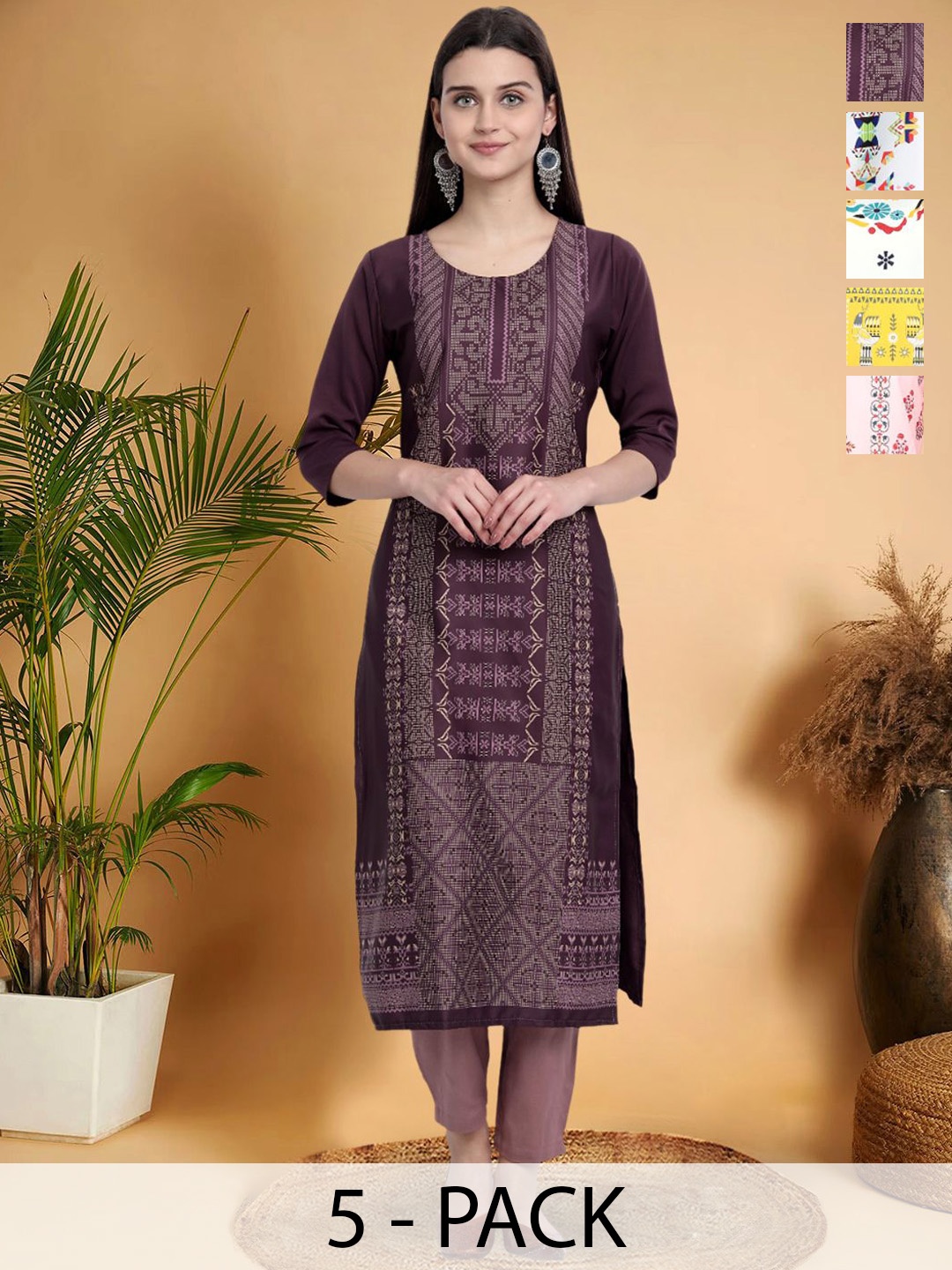 

7Threads Selection Of 5 Floral Printed Round Neck Straight Kurtas, Burgundy