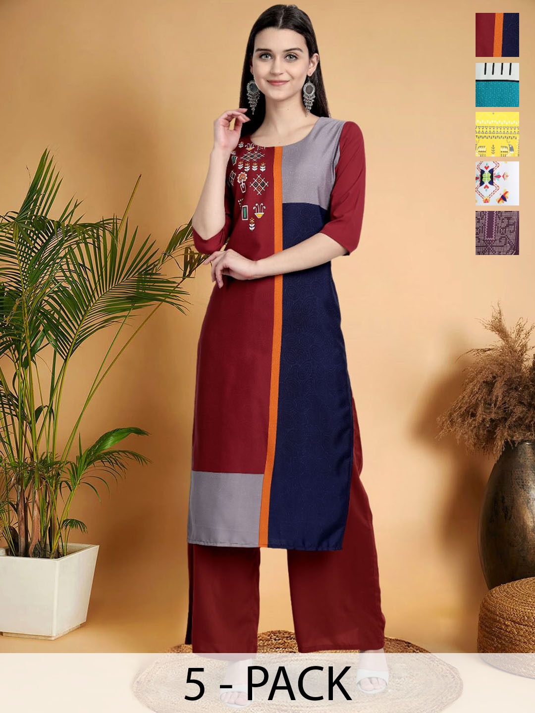 

7Threads Selection Of 5 Geometric Printed Round Neck Straight Kurtas, Maroon