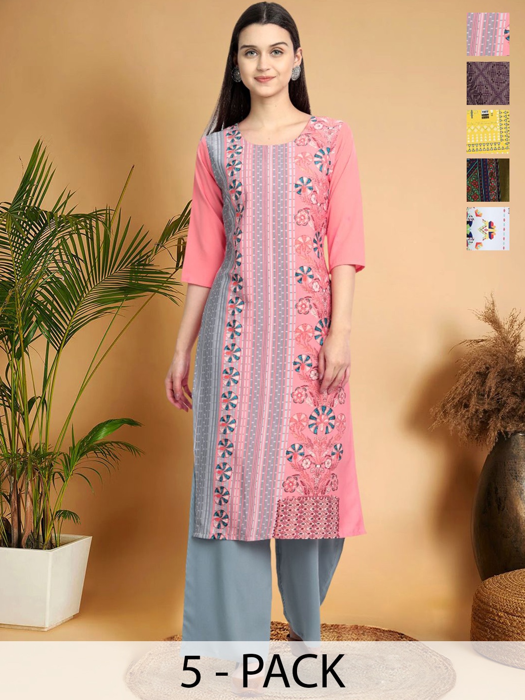 

7Threads Selection of 5 Ethnic Motifs Printed Straight Kurta, Pink