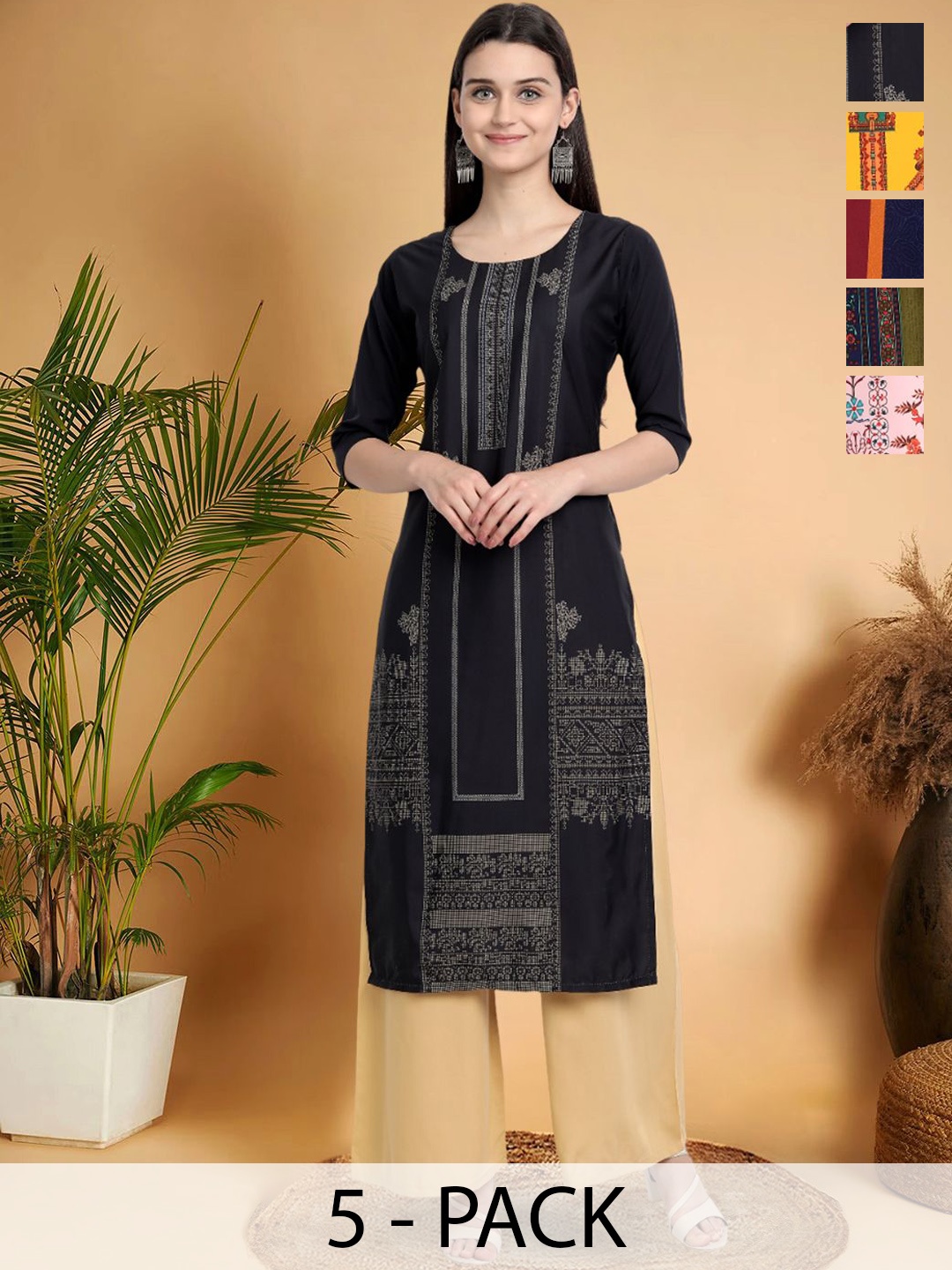 

7Threads Selection Of 5 Ethnic Motifs Printed Round Neck Straight Kurtas, Black