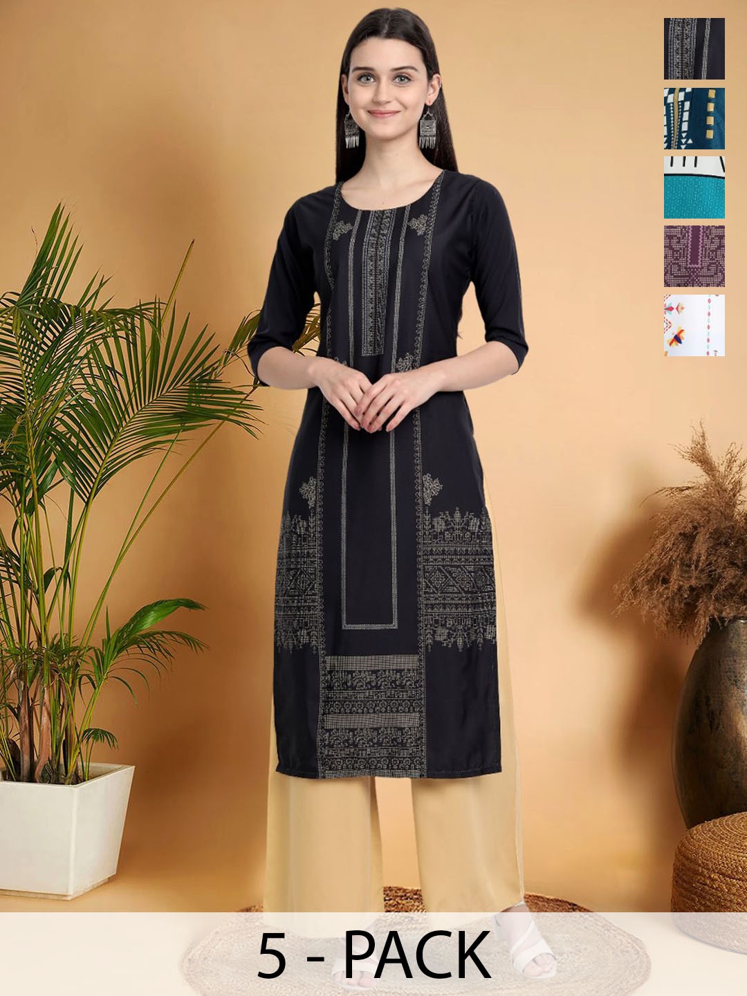 

7Threads Selection of 5 Ethnic Motifs Printed Straight Kurta, Black