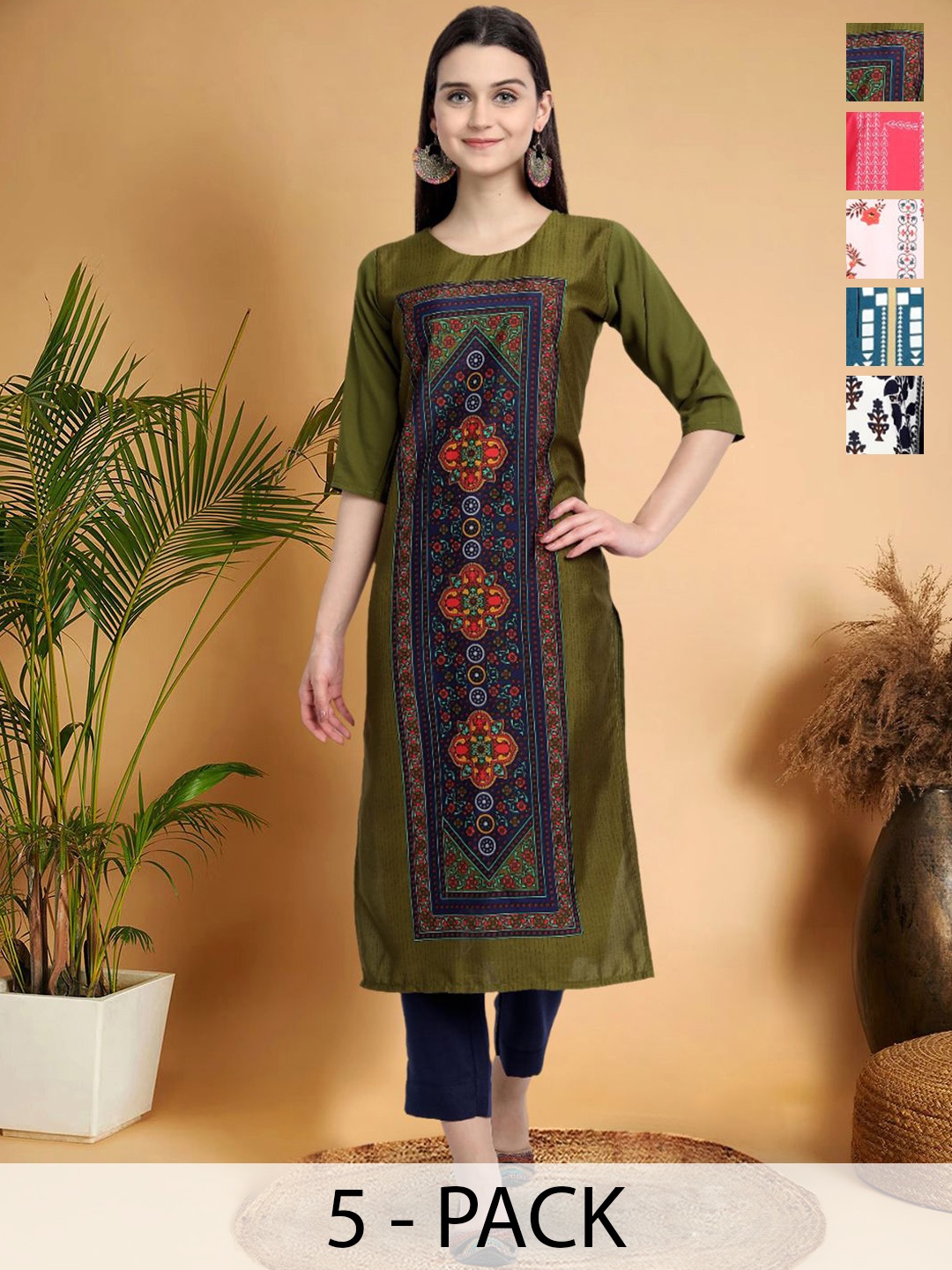 

7Threads Selection Of 5 Ethnic Motifs Printed Round Neck Straight Kurtas, Olive