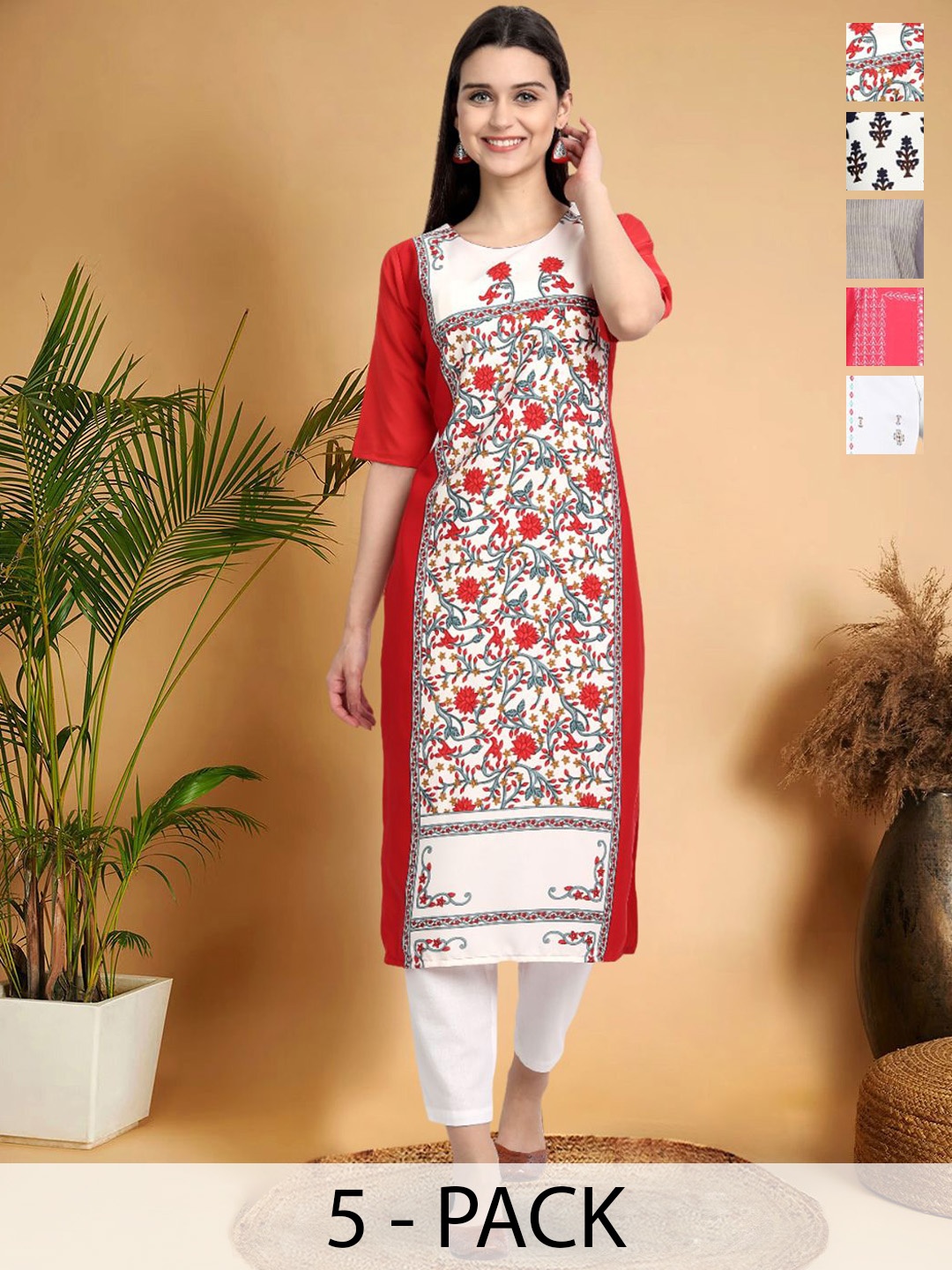 7Threads Selection Of 5 Floral Printed Round Neck Straight Kurtas, Red