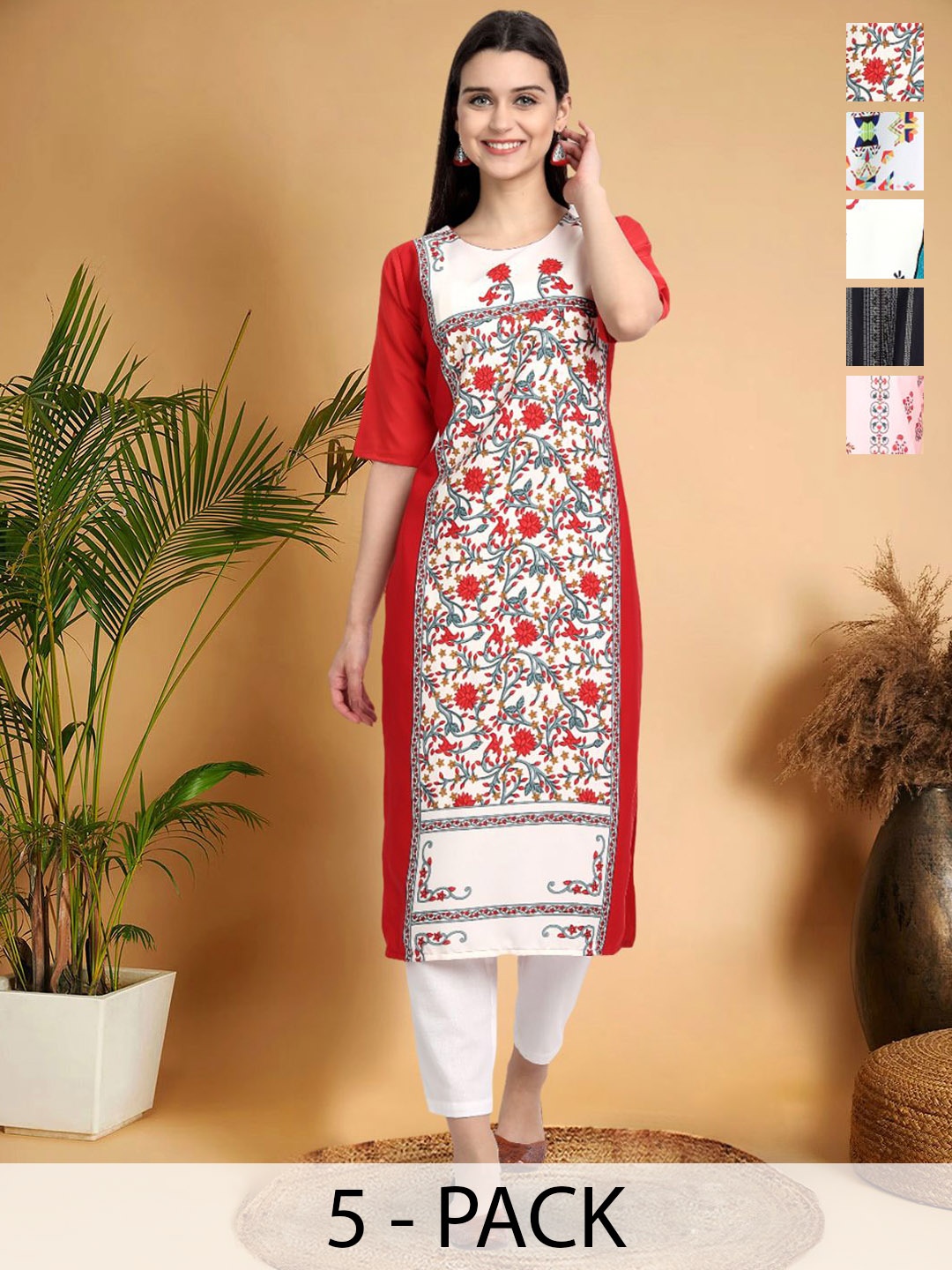 

7Threads Selection Of 5 Floral Printed Round Neck Straight Kurta, White
