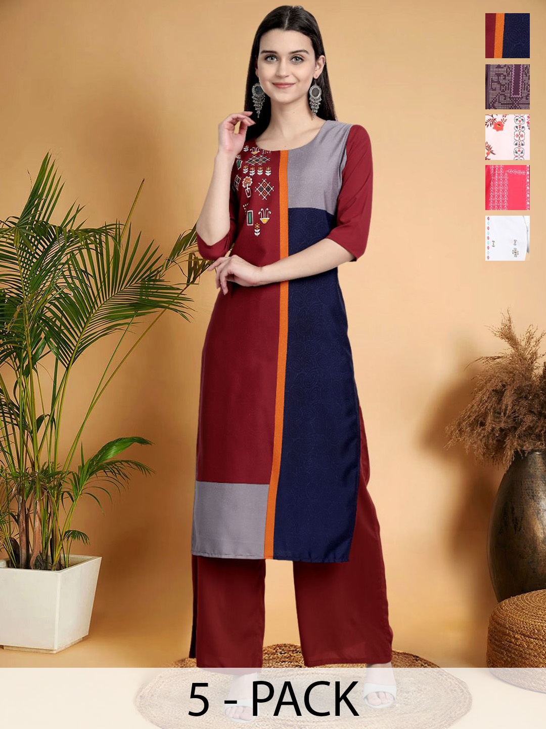 

7Threads Selection Of 5 Geometric Printed Round Neck Straight Kurtas, Blue