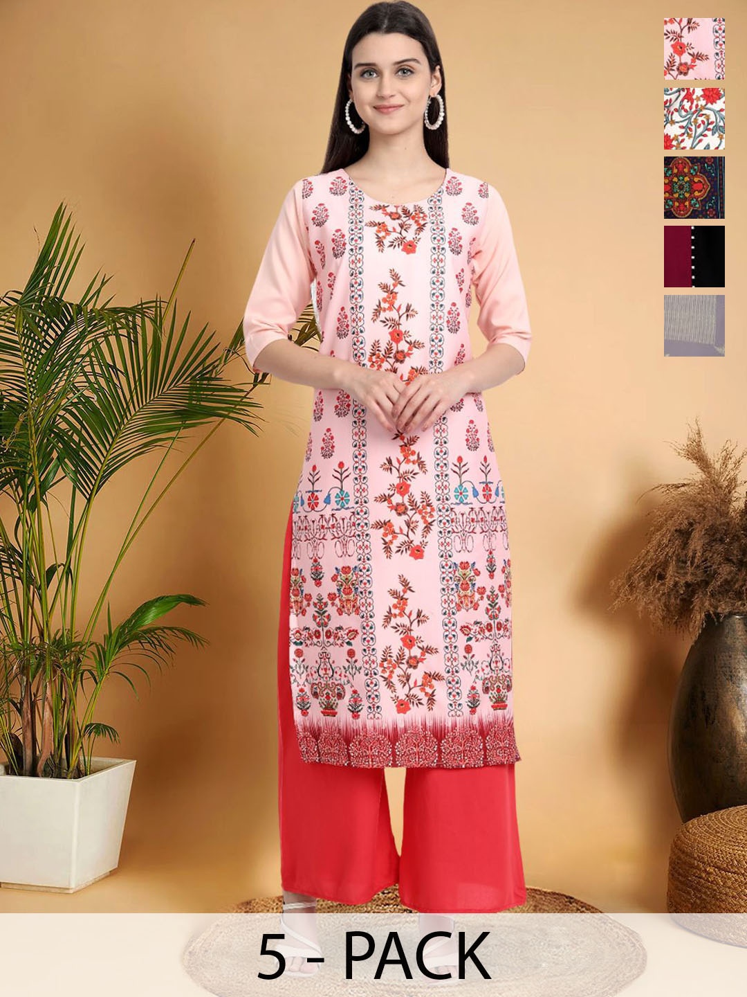 

7Threads Selection Of 5 Floral Printed Round Neck Straight Kurtas, Peach