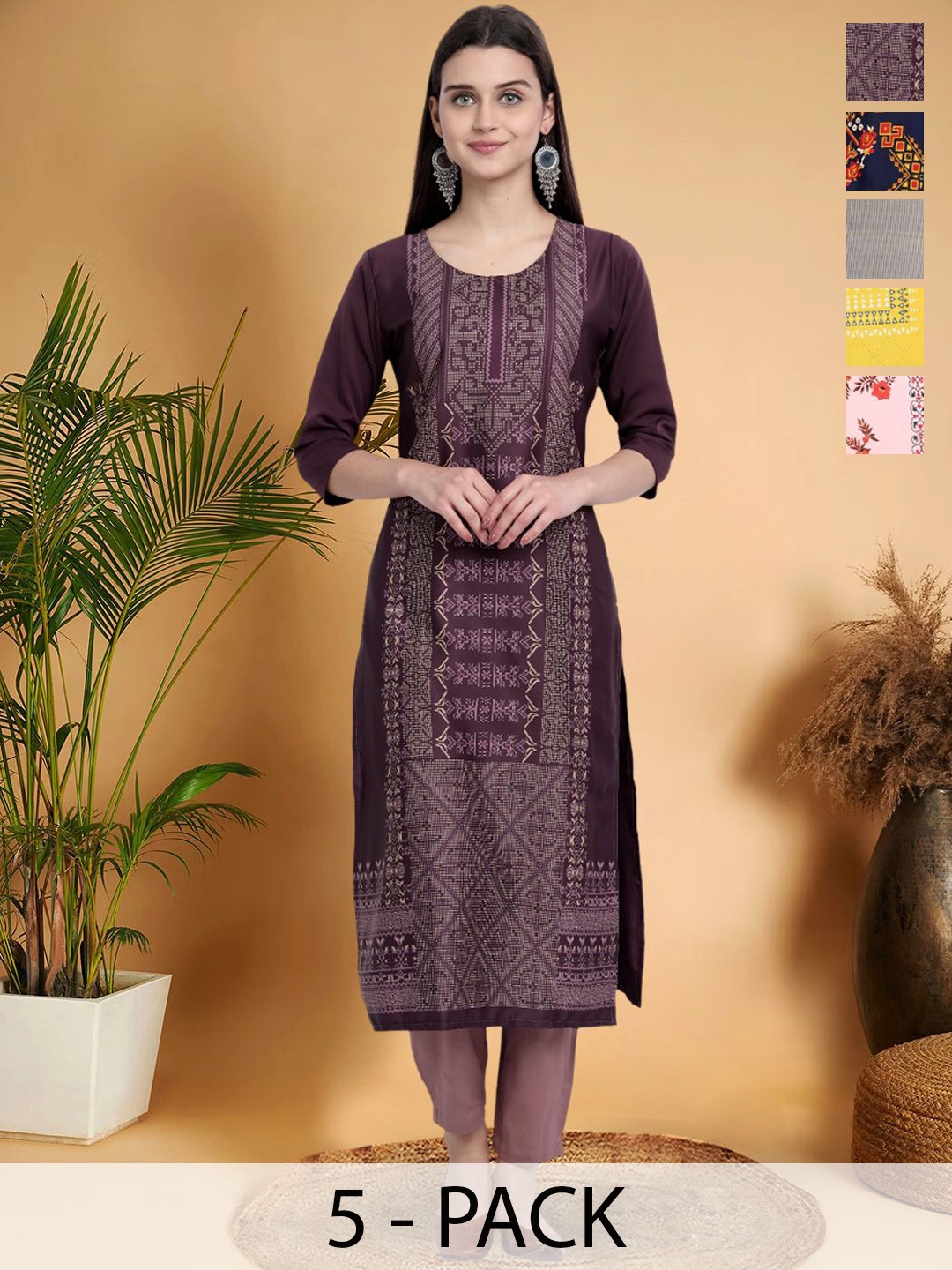 

7Threads Selection Of 5 Geometric Printed Round Neck Straight Kurtas, Purple
