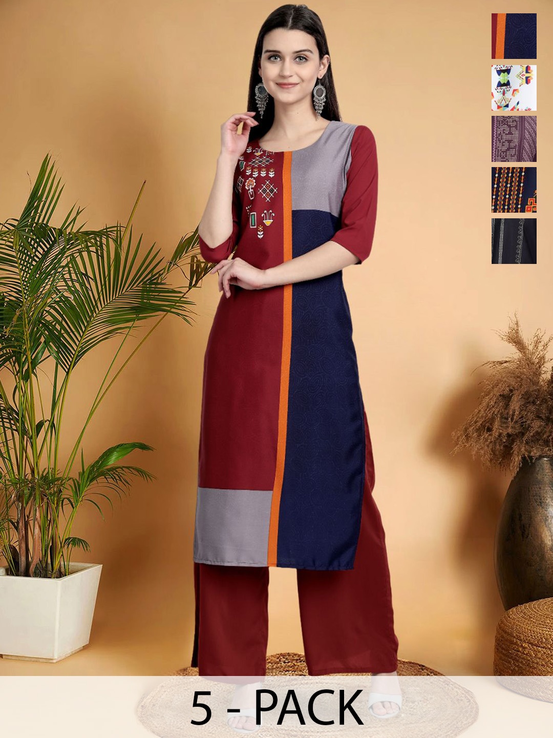 

7Threads Selection Of 5 Colourblocked Printed Round Neck Straight Kurtas, Maroon