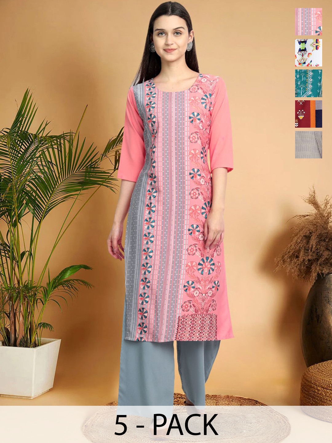 

7Threads Selection Of 5 Ethnic Motifs Printed Round Neck Straight Kurtas, Pink