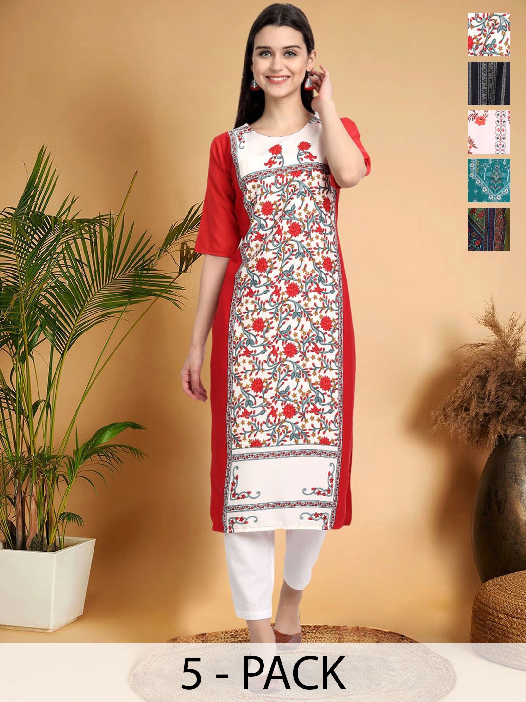 

7Threads Selection Of 5 Floral Printed Round Neck Straight Kurtas, Green