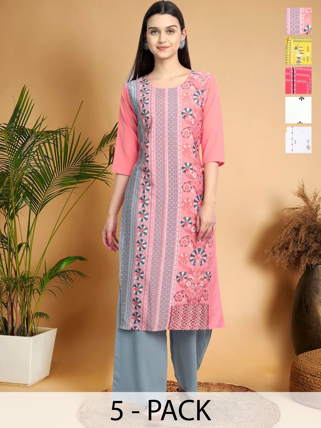 

7Threads Selection Of 5 Floral Printed Round Neck Straight Kurtas, Grey