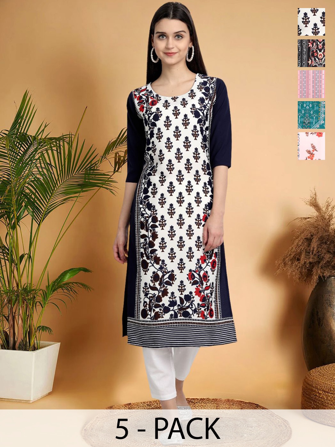 

7Threads Selection of 5 Floral Printed Round Neck Straight Kurtas, Black