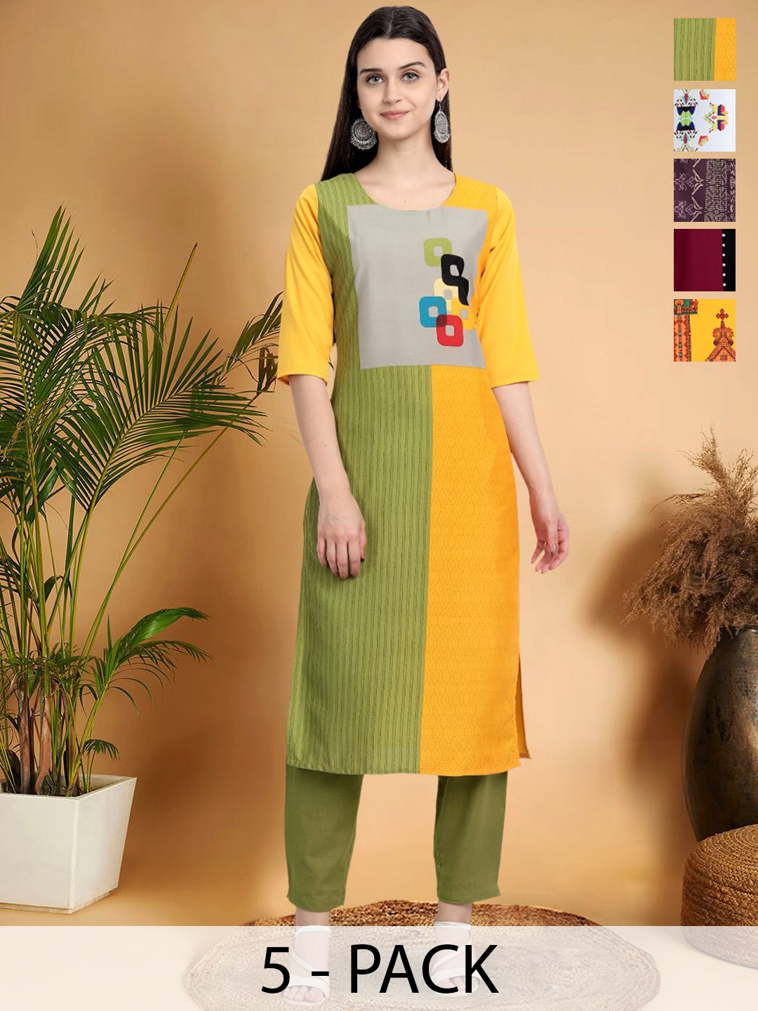 7Threads Selection Of 5 Ethnic Motifs Printed Straight Kurtas, Yellow