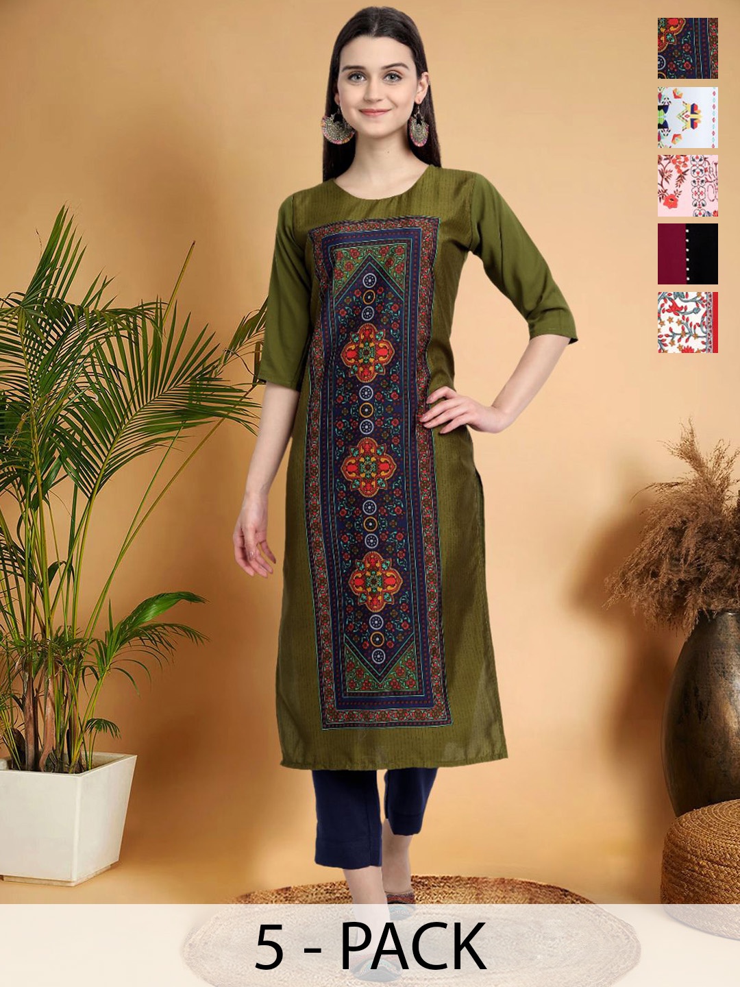 

7Threads Selection Of 5 Ethnic Motifs Printed Round Neck Straight Kurtas, Green