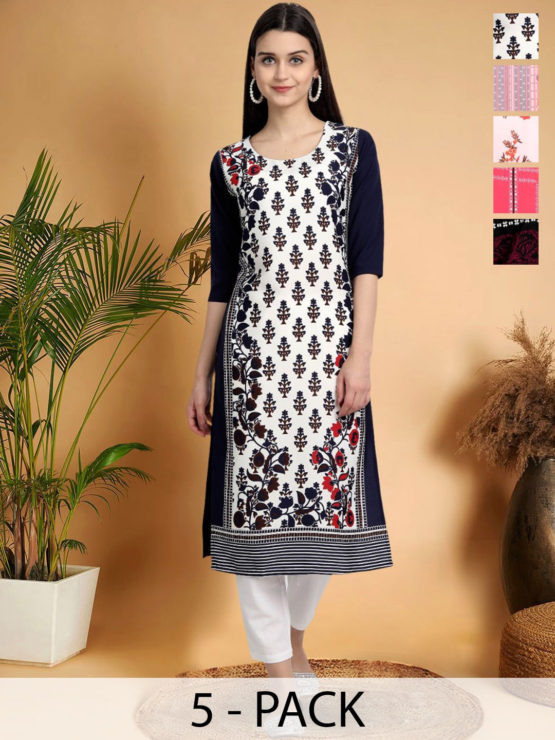 

7Threads Selection Of 5 Ethnic Motifs Printed Straight Kurta, White
