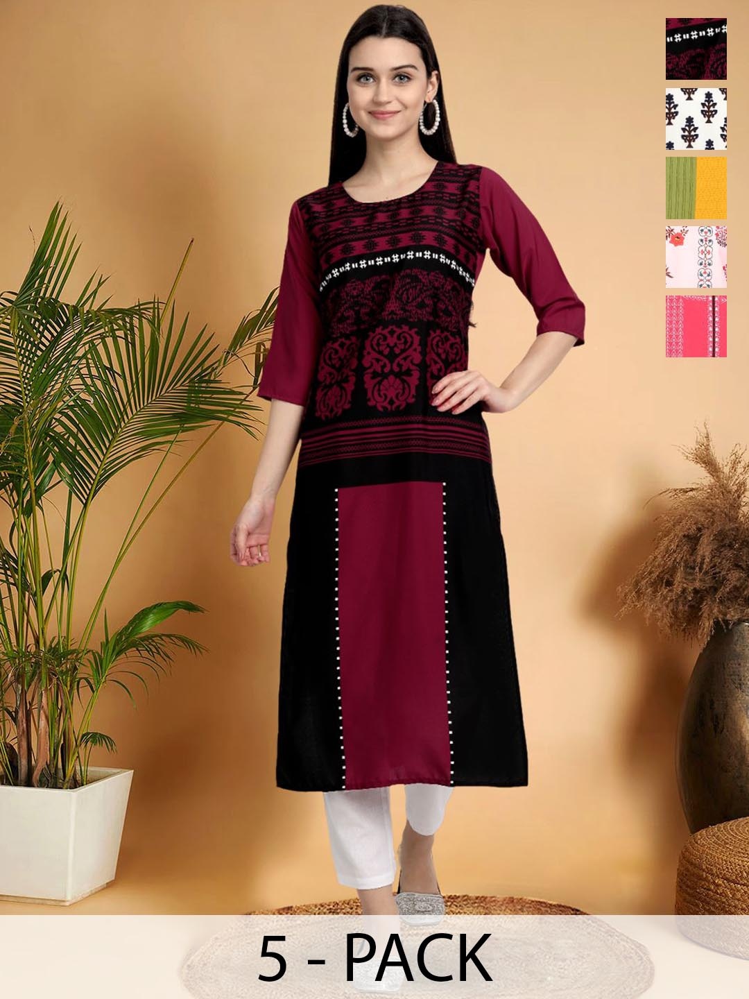 

7Threads Selection Of 5 Ethnic Motifs Printed Round Neck Straight Kurta, Maroon