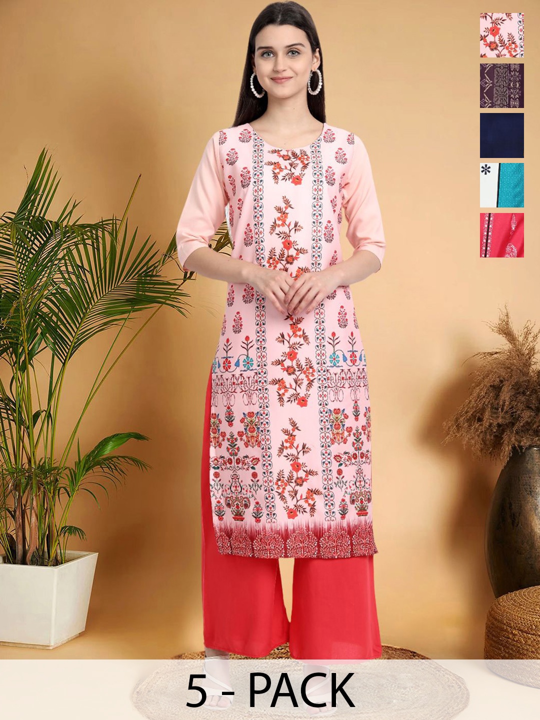 

7Threads Selection Of 5 Floral Printed Round Neck Straight Kurtas, Peach