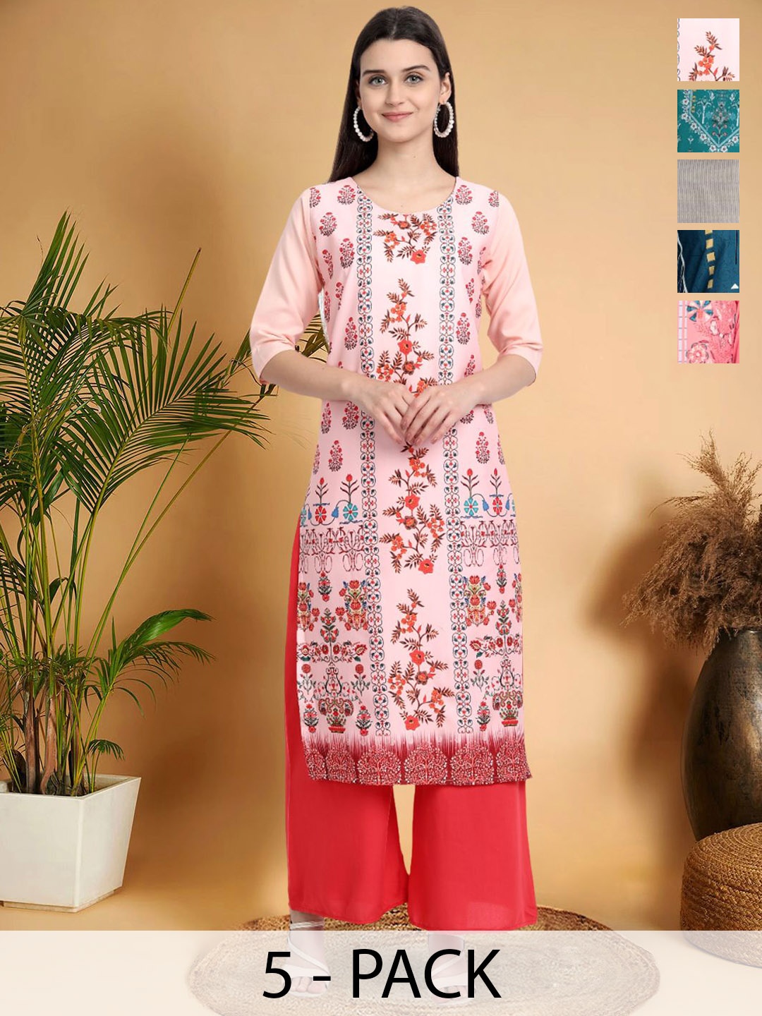 

7Threads Selection Of 5 Floral Printed Straight Kurtas, Pink