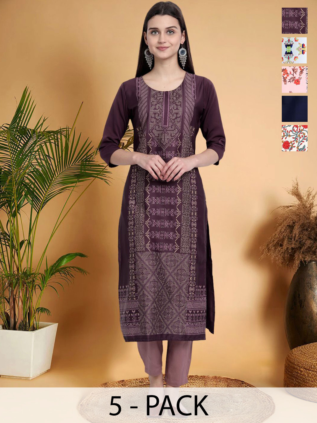 

7Threads Selection Of 5 Floral Printed Round Neck Straight Kurtas, Burgundy
