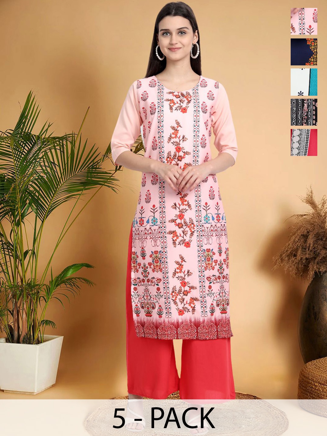 

7Threads Selection of 5 Floral Printed Round Neck Straight Kurtas, Peach