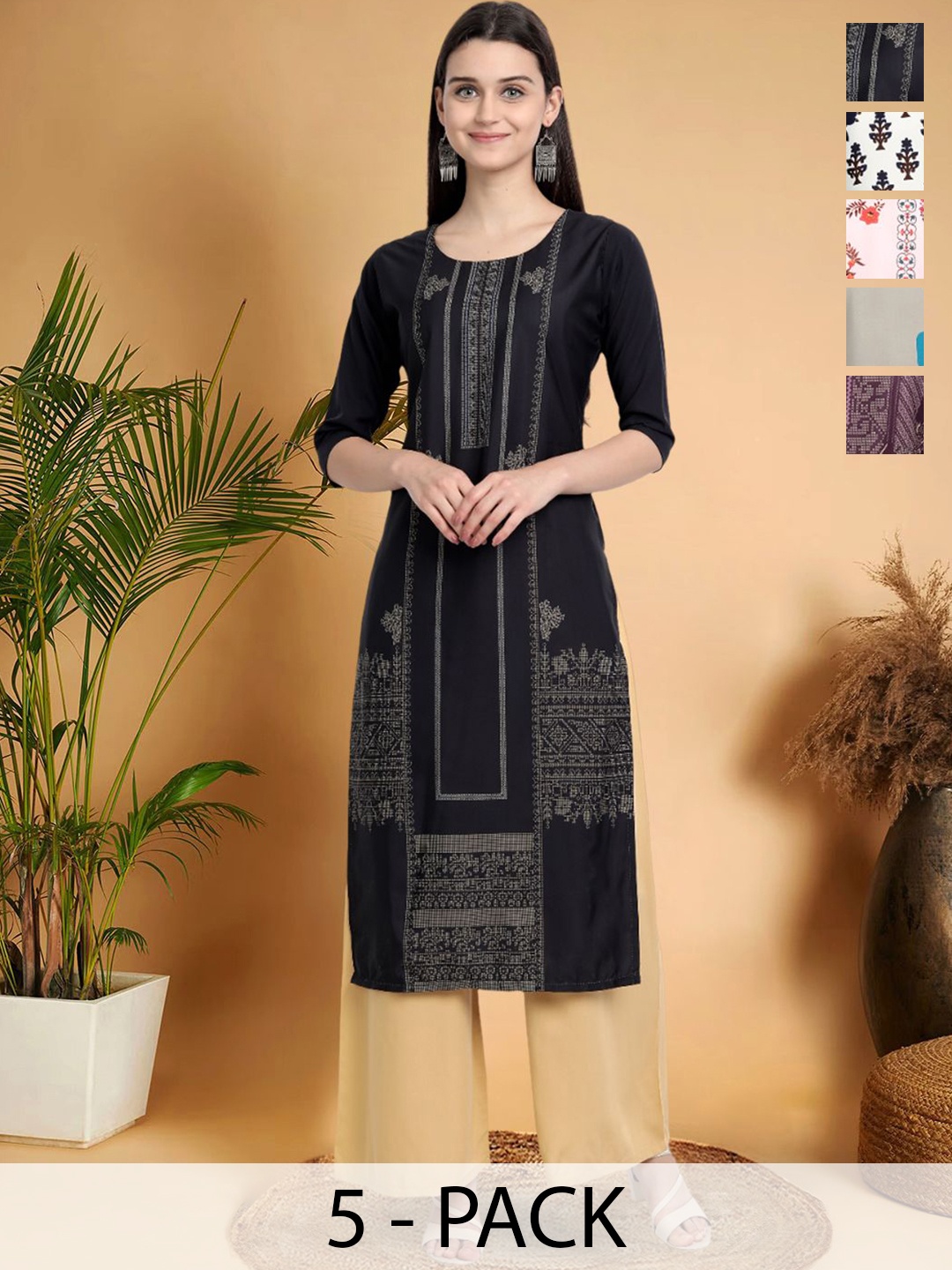 

7Threads Selection Of 5 Geometric Printed Round Neck Straight Kurtas, Black