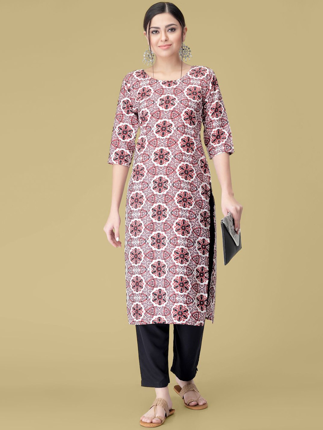 

7Threads Floral Printed Round Neck Straight Kurta With Trouser, White