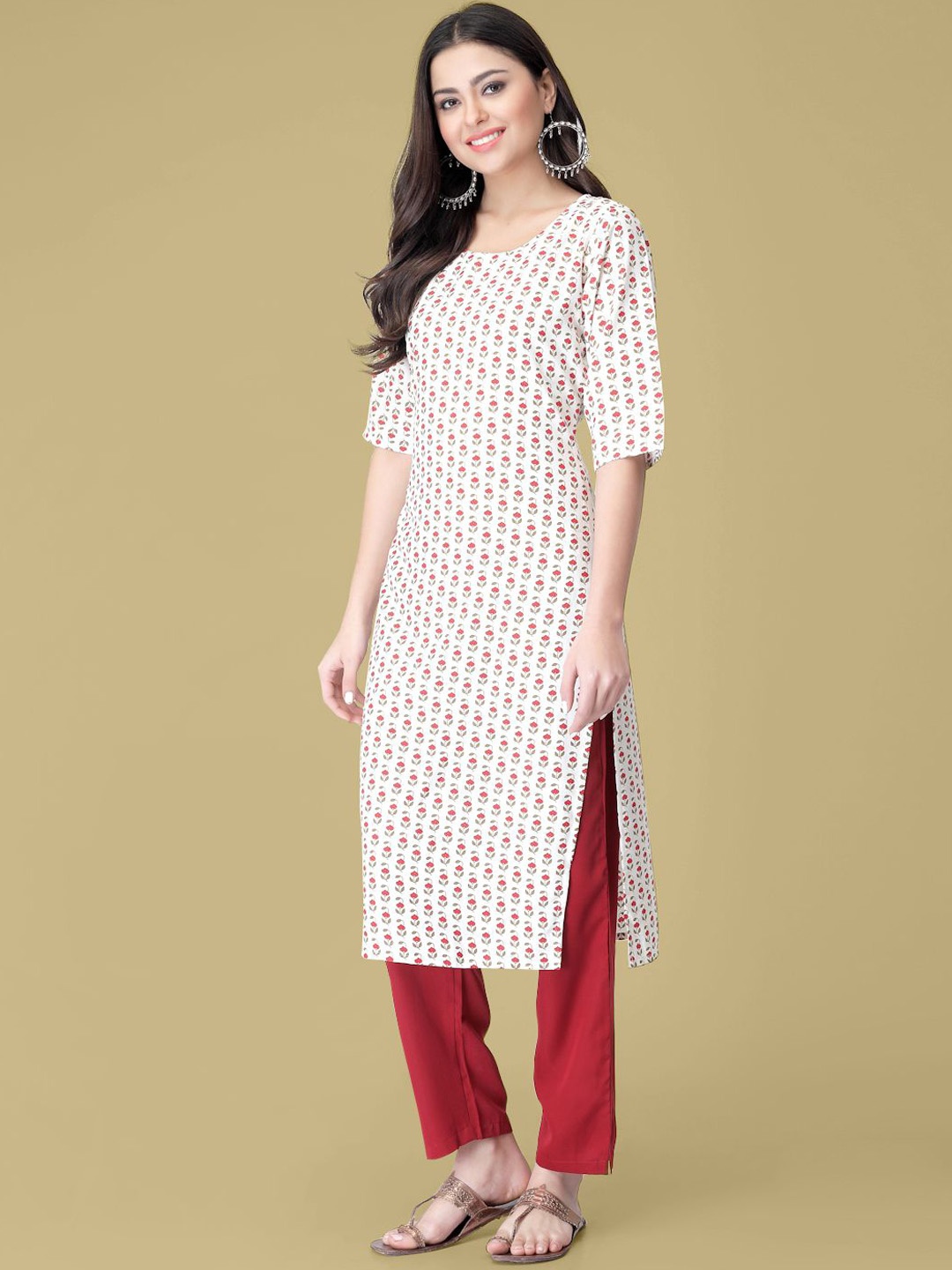 

7Threads Floral Printed Round Neck Straight Kurta With Trouser, White