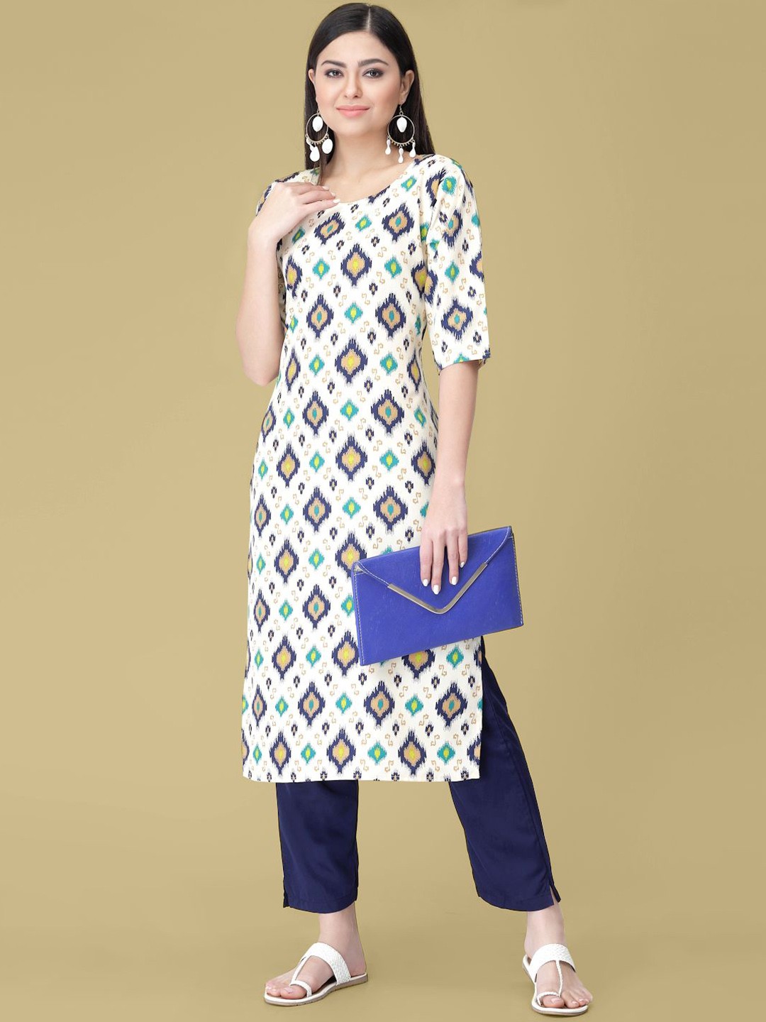 

7Threads Ethnic Motifs Printed Round Neck Straight Kurta With Trouser, White