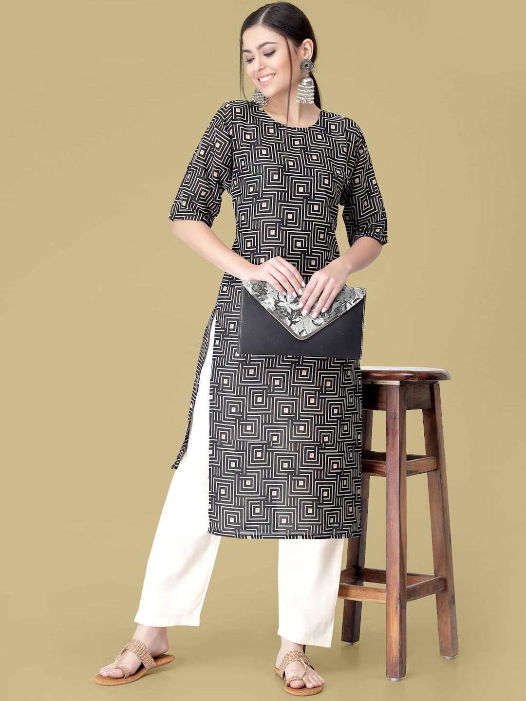 

7Threads Geometric Printed Round Neck Straight Kurta With Trouser, Black