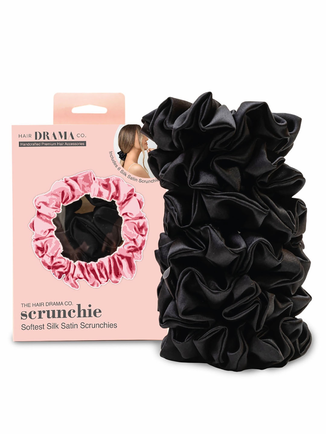 

HAIR DRAMA CO. Women Set of 6 Satin Scrunchies, Black