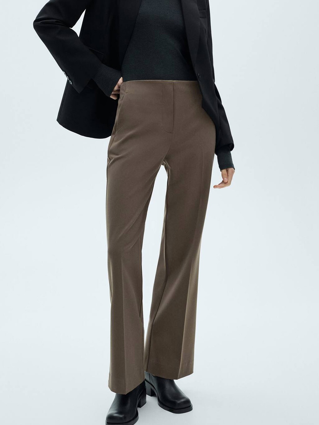 

MANGO Women Mid-rise Flare Trousers, Brown