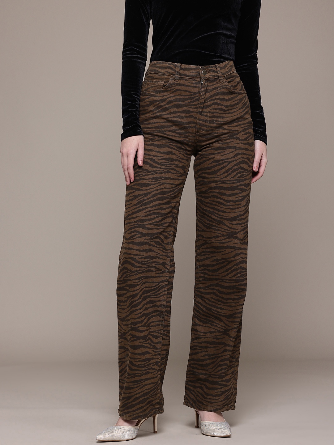 

MANGO Women Zebra Print High-Rise Straight Fit Jeans, Brown