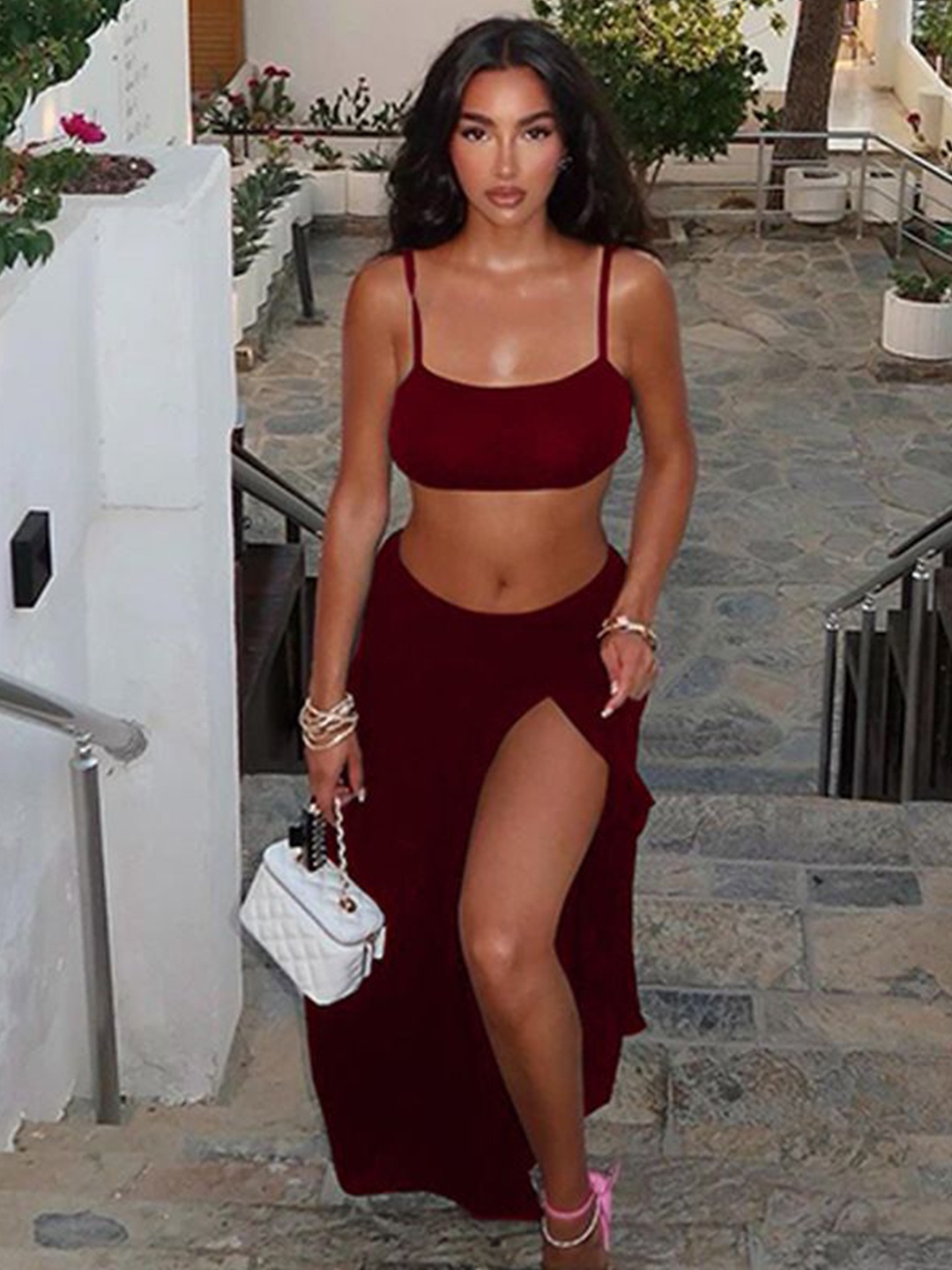 

StyleCast Maroon Shoulder Strap Crop Top With Skirt