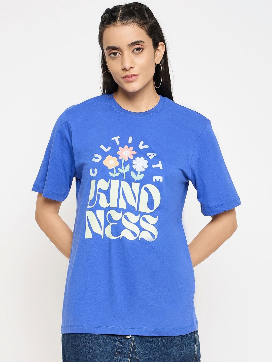 Mast & Harbour Women Typography Printed Round Neck Pure Cotton T-shirt, Blue