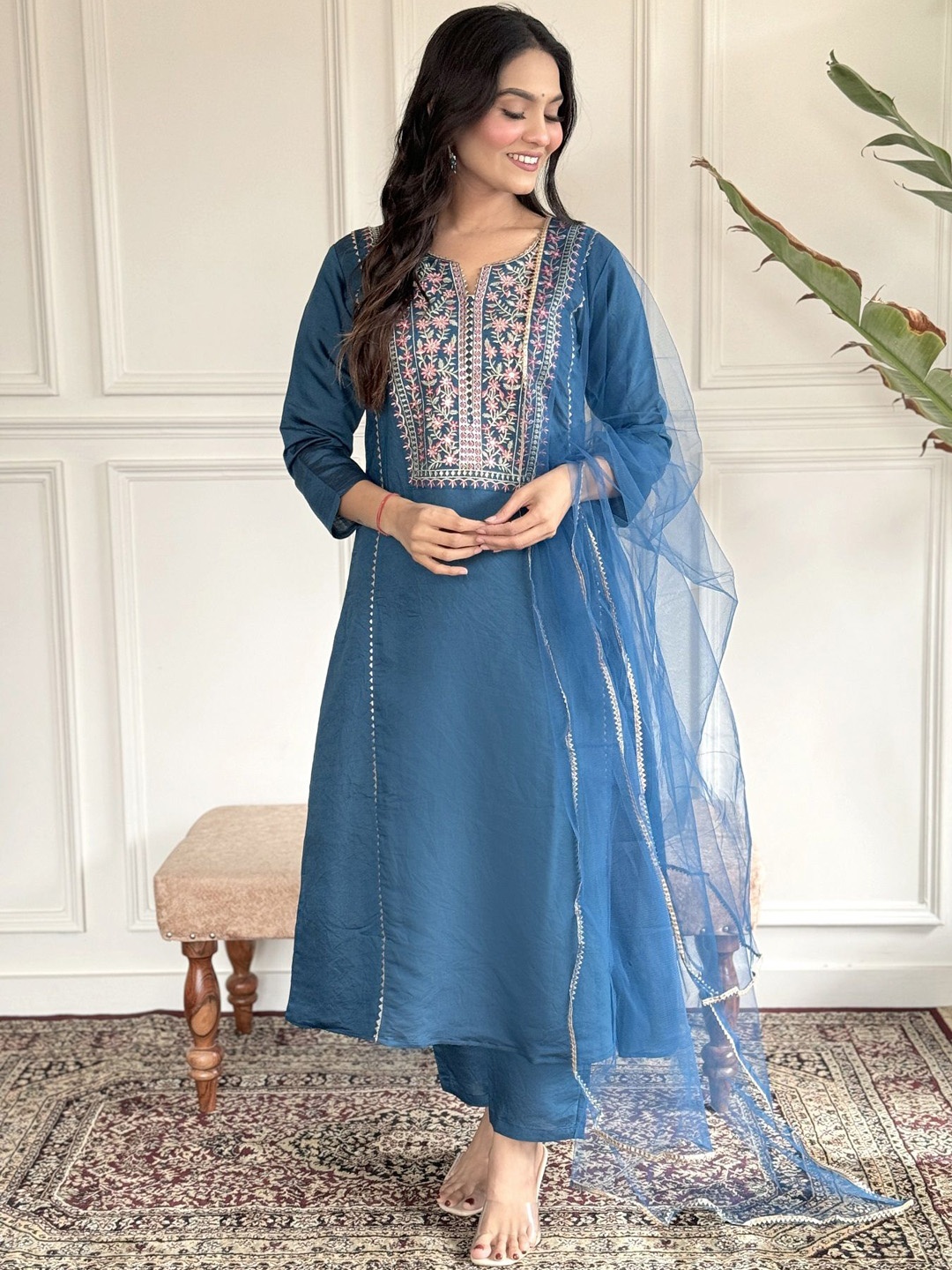 

KALINI Floral Embroidered Chanderi Silk Notch-Neck Straight Kurta With Trousers & Dupatta, Blue