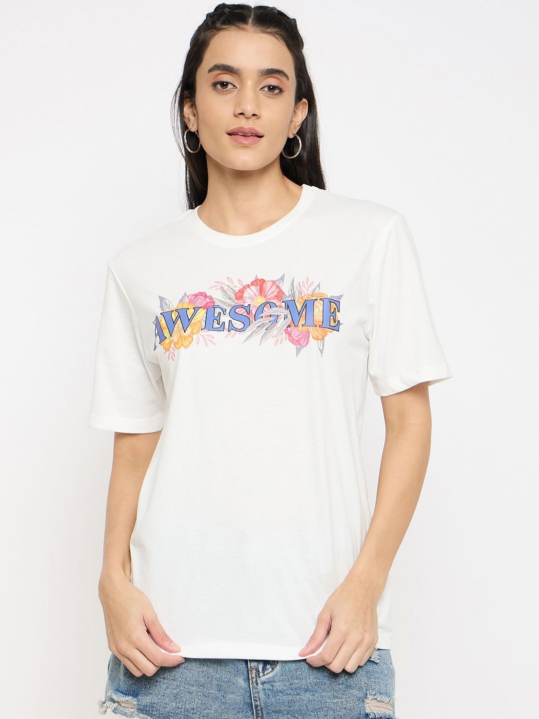

Mast & Harbour Women Typography Printed Round Neck Pure Cotton T-shirt, White