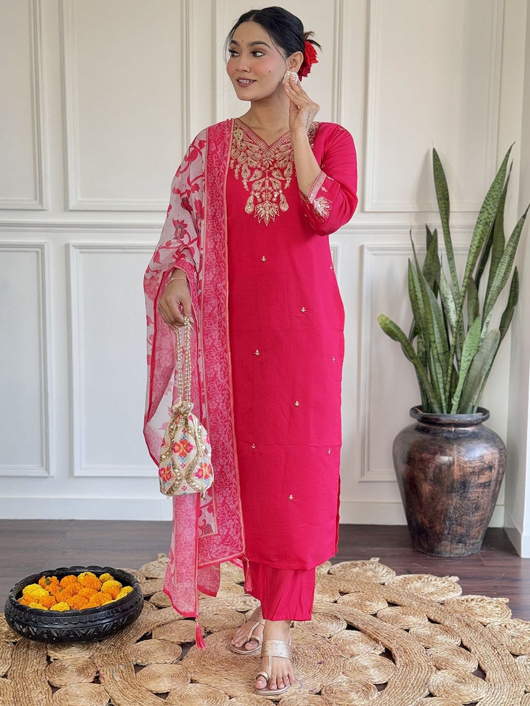 

KALINI Floral Embroidered Chanderi Silk V-Neck Straight Kurta With Trousers And Dupatta, Pink