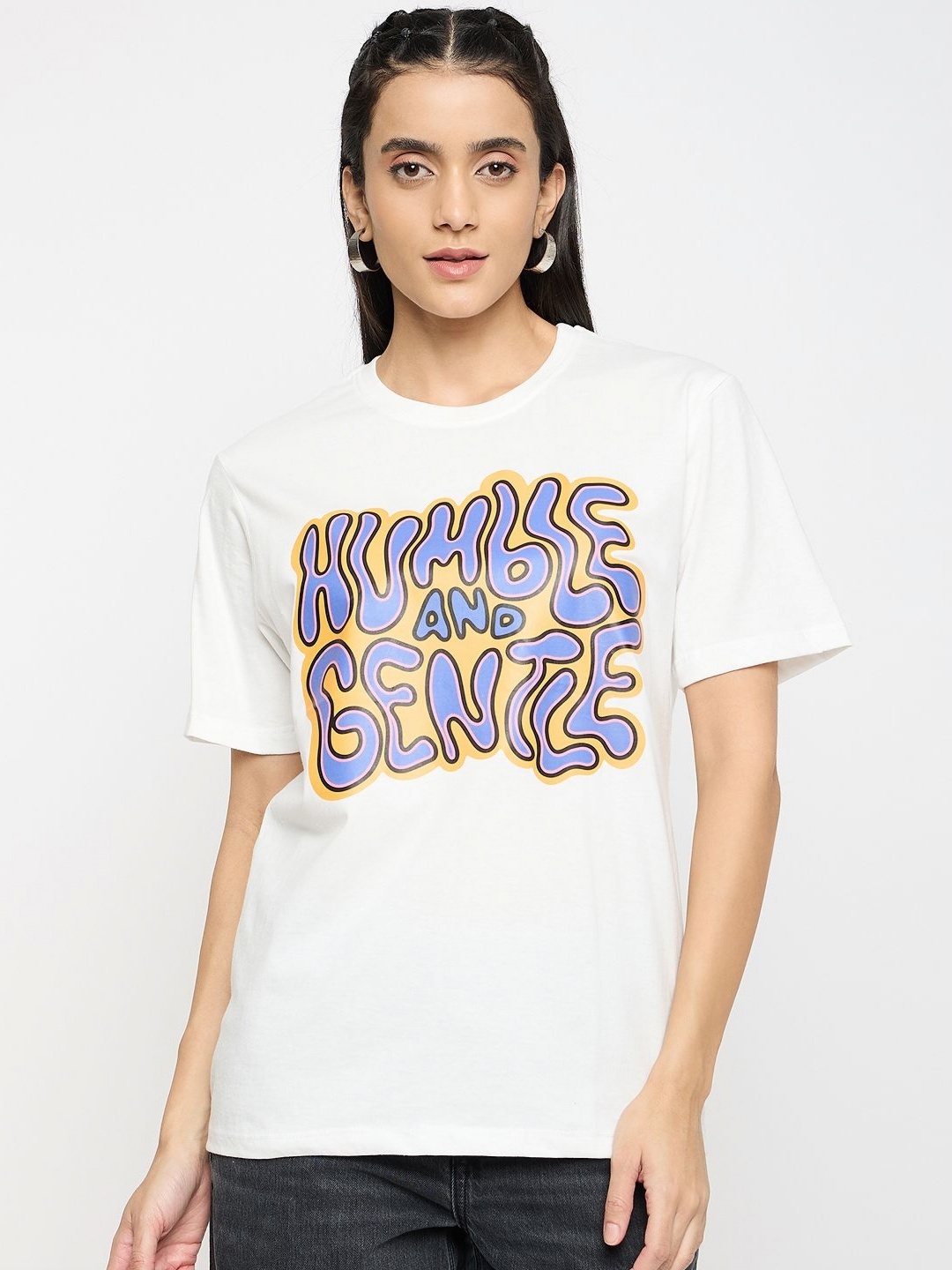 

Mast & Harbour Women Typography Printed Round Neck Pure Cotton T-shirt, White