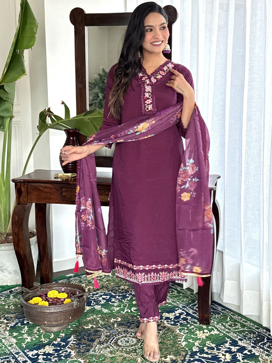 

KALINI Floral Embroidered V-Neck Chanderi Silk Straight Kurta With Trousers & Dupatta, Purple