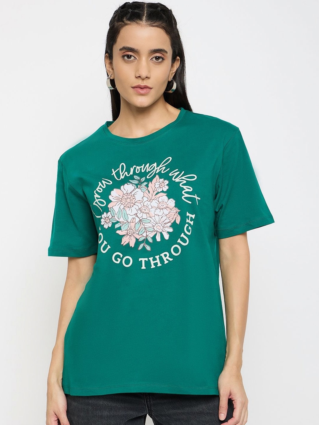 Mast & Harbour Women Typography Printed Round Neck Pure Cotton T-shirt, Green