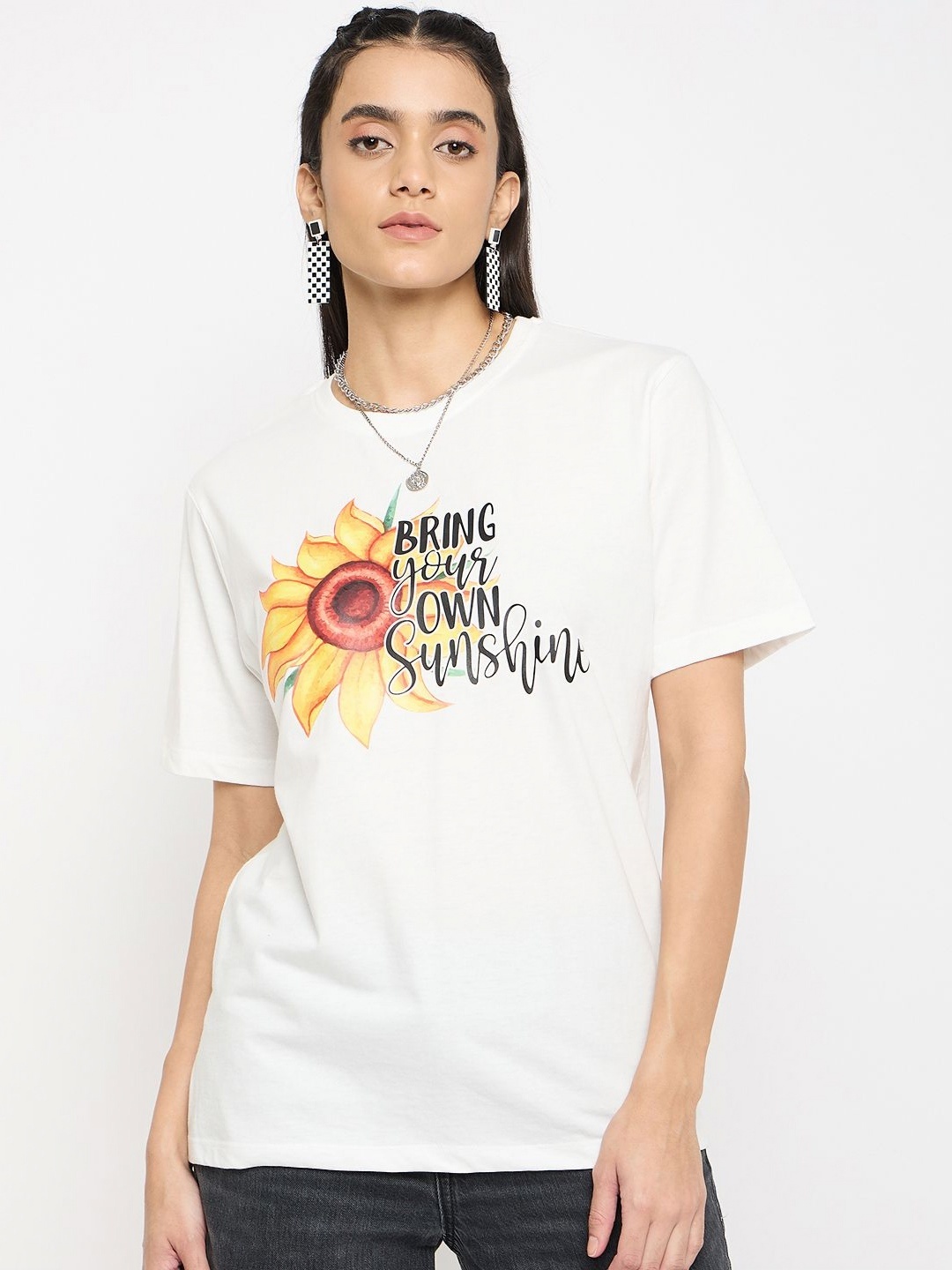 Mast & Harbour Women Typography Printed Round Neck Pure Cotton T-shirt, White