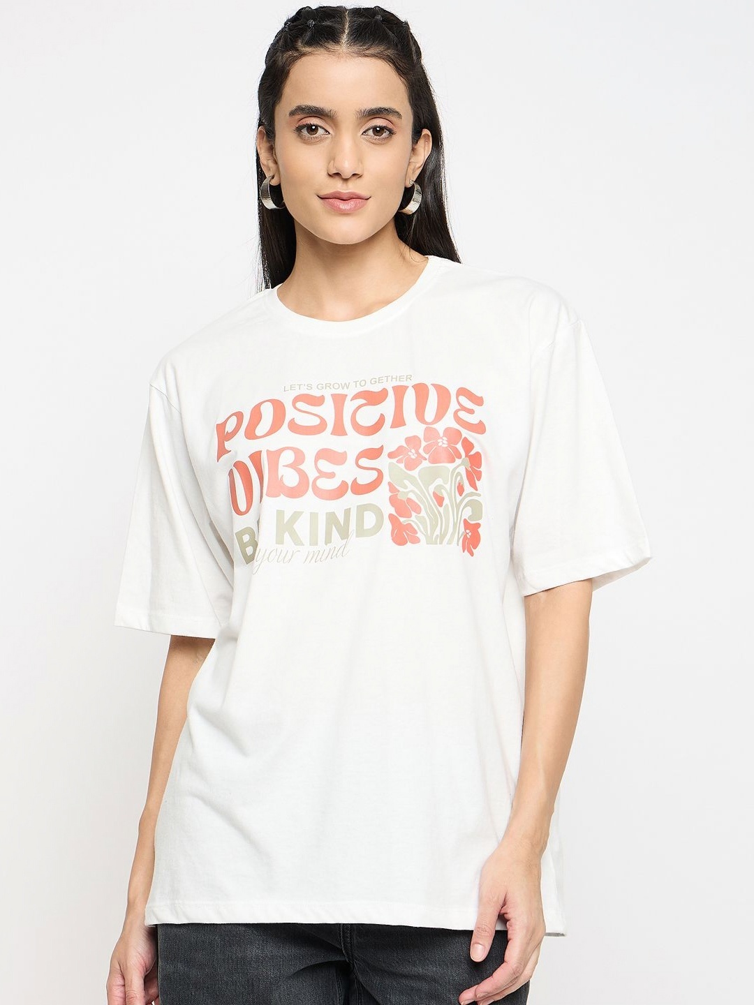

Mast & Harbour Women Typography Printed Round Neck Pure Cotton T-shirt, White