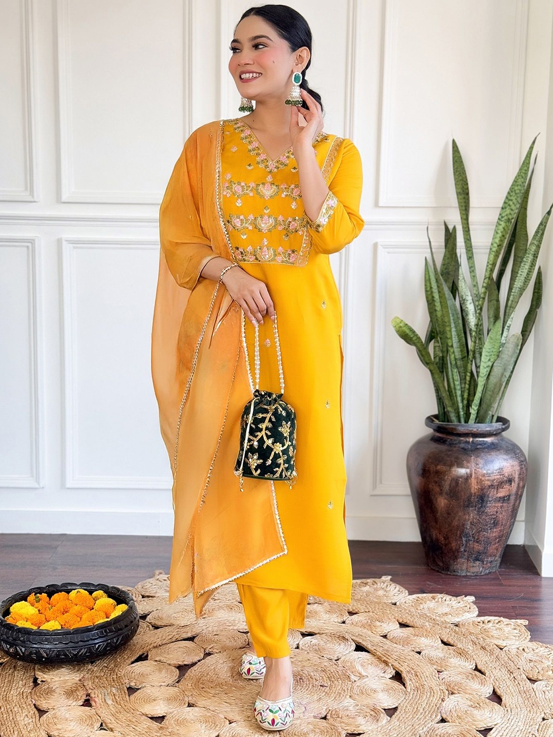 

KALINI Floral Embroidered Chanderi Silk V-Neck Straight Kurta With Trousers And Dupatta, Mustard