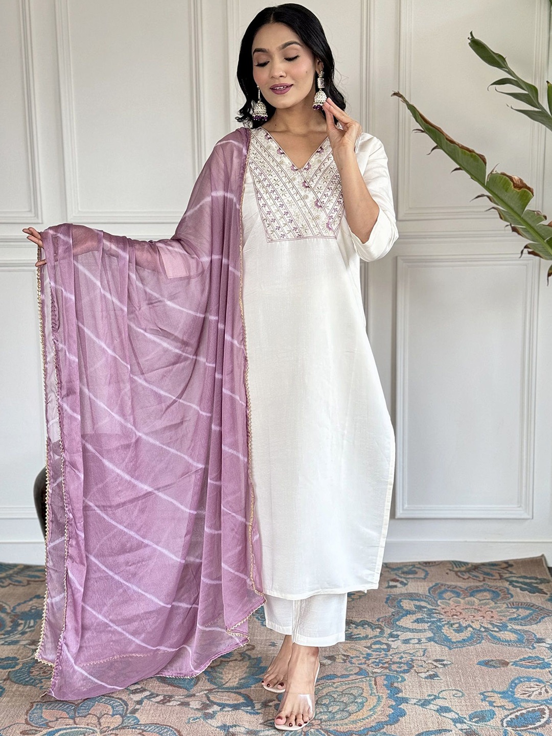 

KALINI Floral Embroidered Chanderi Silk V-Neck Straight Kurta With Trousers And Dupatta, White