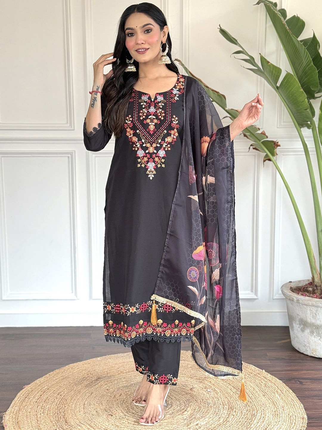 

KALINI Floral Embroidered Chanderi Silk Notch-Neck Straight Kurta With Trousers & Dupatta, Black